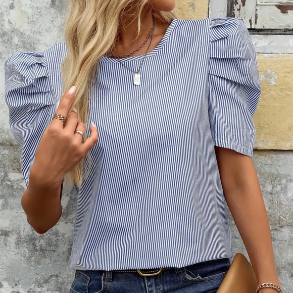 NEW| Backless Knot Puff Sleeve Feminine Striped Crew Neck Blouse - Picture 2 of 5